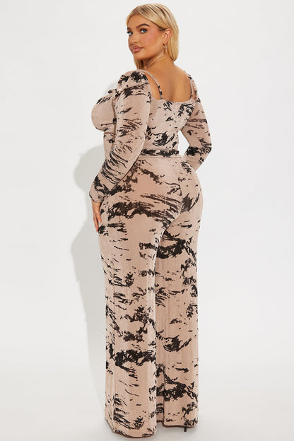 On The Rocks Tie Waist Pant Set - Taupe/combo