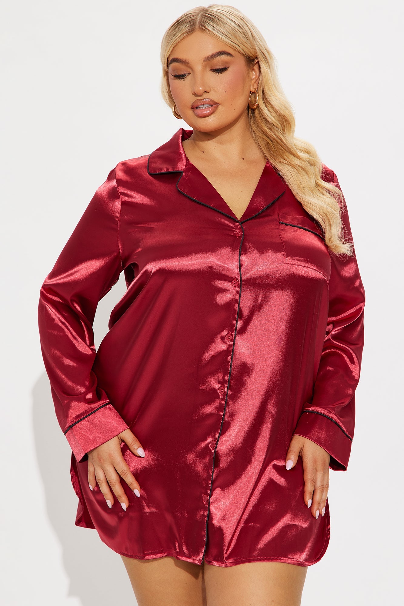 Bedtime Stretch Satin Long Sleeve PJ Sleep Shirt - DarkRed