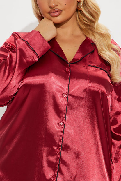 Bedtime Stretch Satin Long Sleeve PJ Sleep Shirt - DarkRed