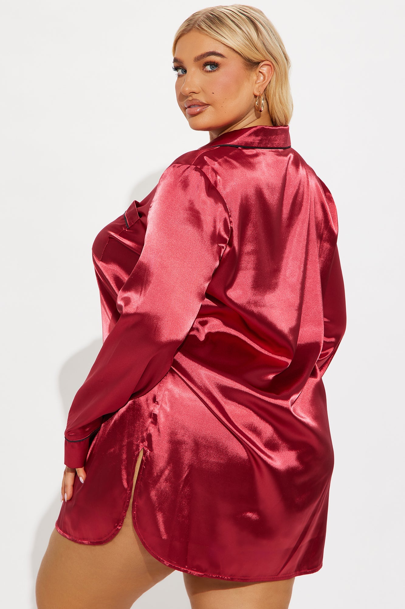 Bedtime Stretch Satin Long Sleeve PJ Sleep Shirt - DarkRed