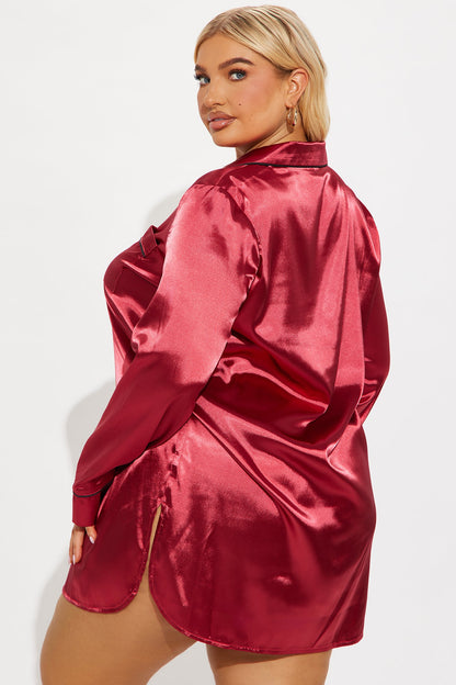 Bedtime Stretch Satin Long Sleeve PJ Sleep Shirt - DarkRed