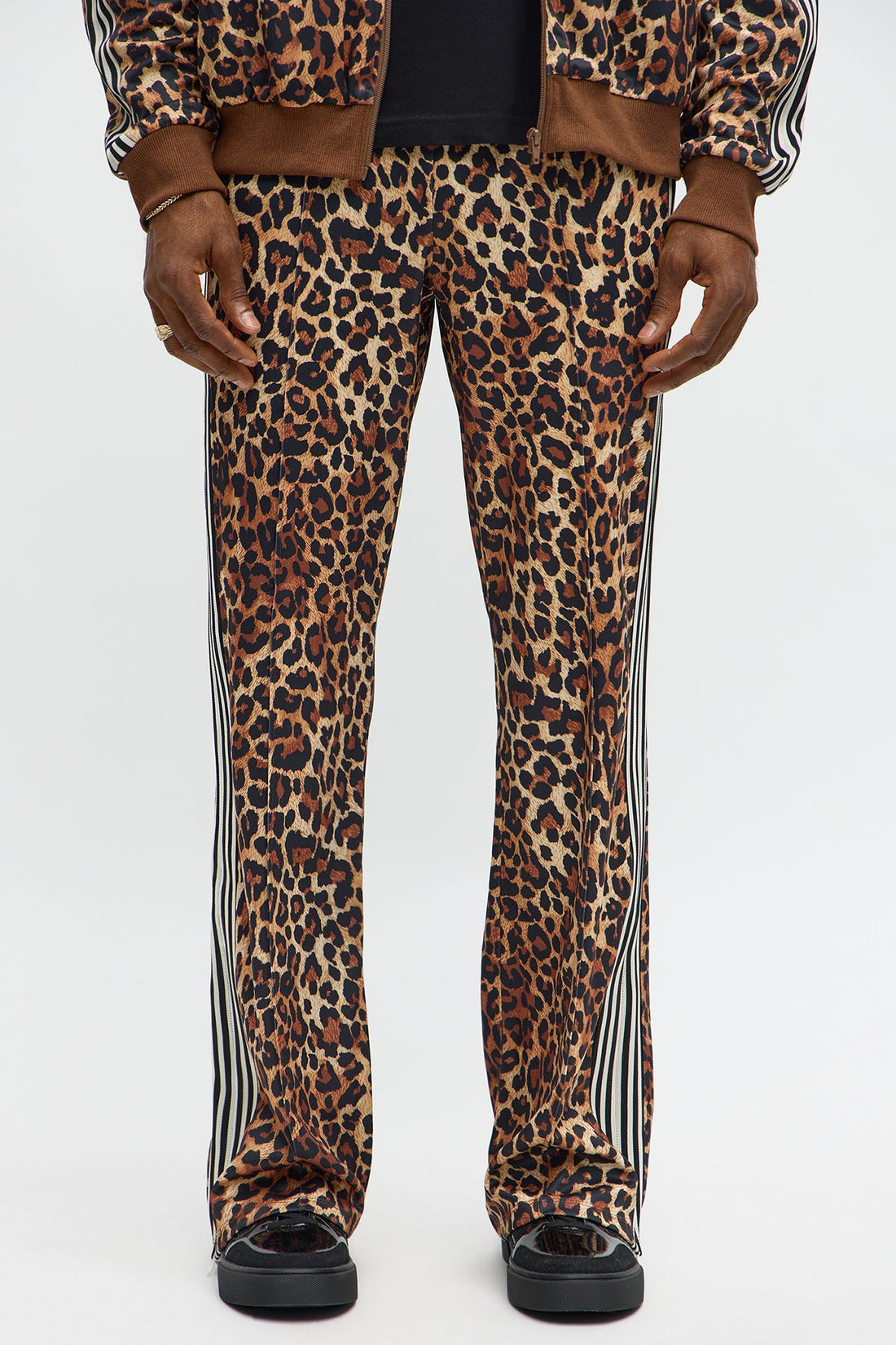 Slim Flared Leopard Print Track Pant - Brown Combo