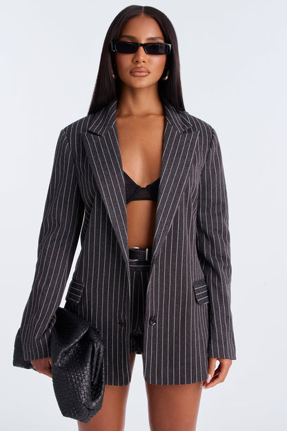 Clocked In Blazer Pinstripe Belted Short Set - Charcoal