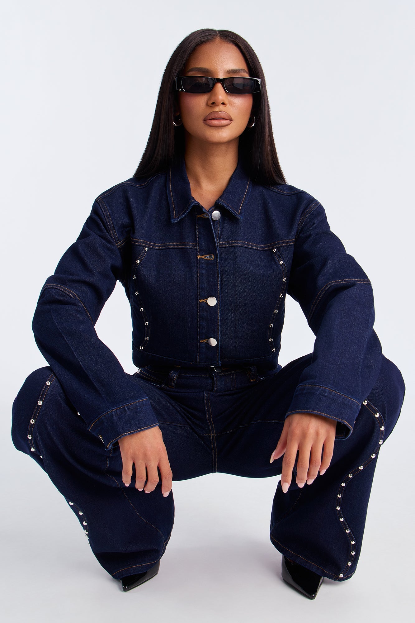 In Waves Studded Straight Leg Jeans - Dark Wash
