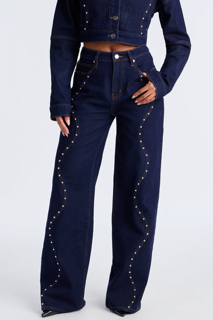 In Waves Studded Straight Leg Jeans - Dark Wash