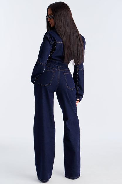 In Waves Studded Straight Leg Jeans - Dark Wash