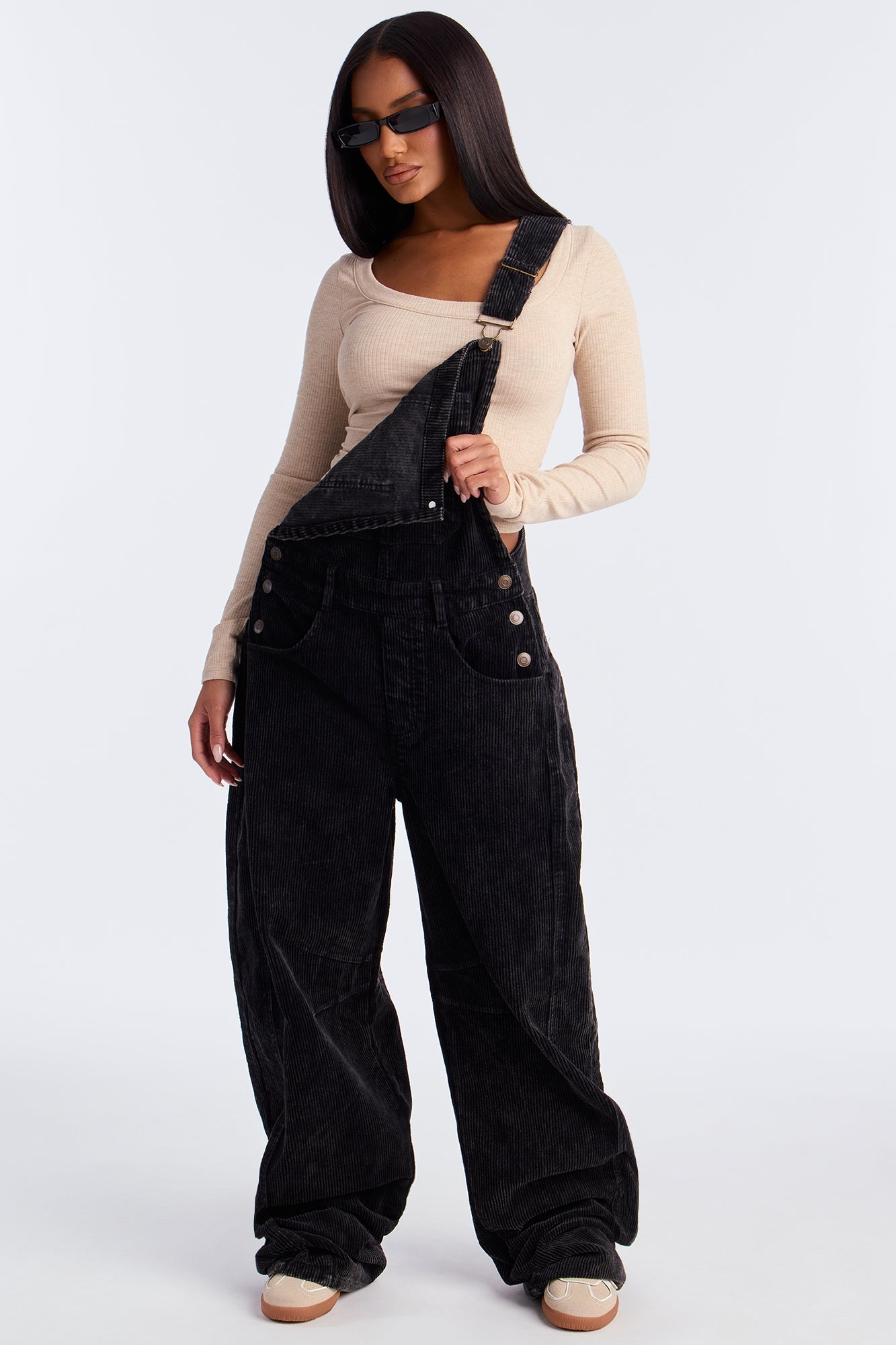 Brielle Washed Corduroy Overalls Jumpsuit - Black