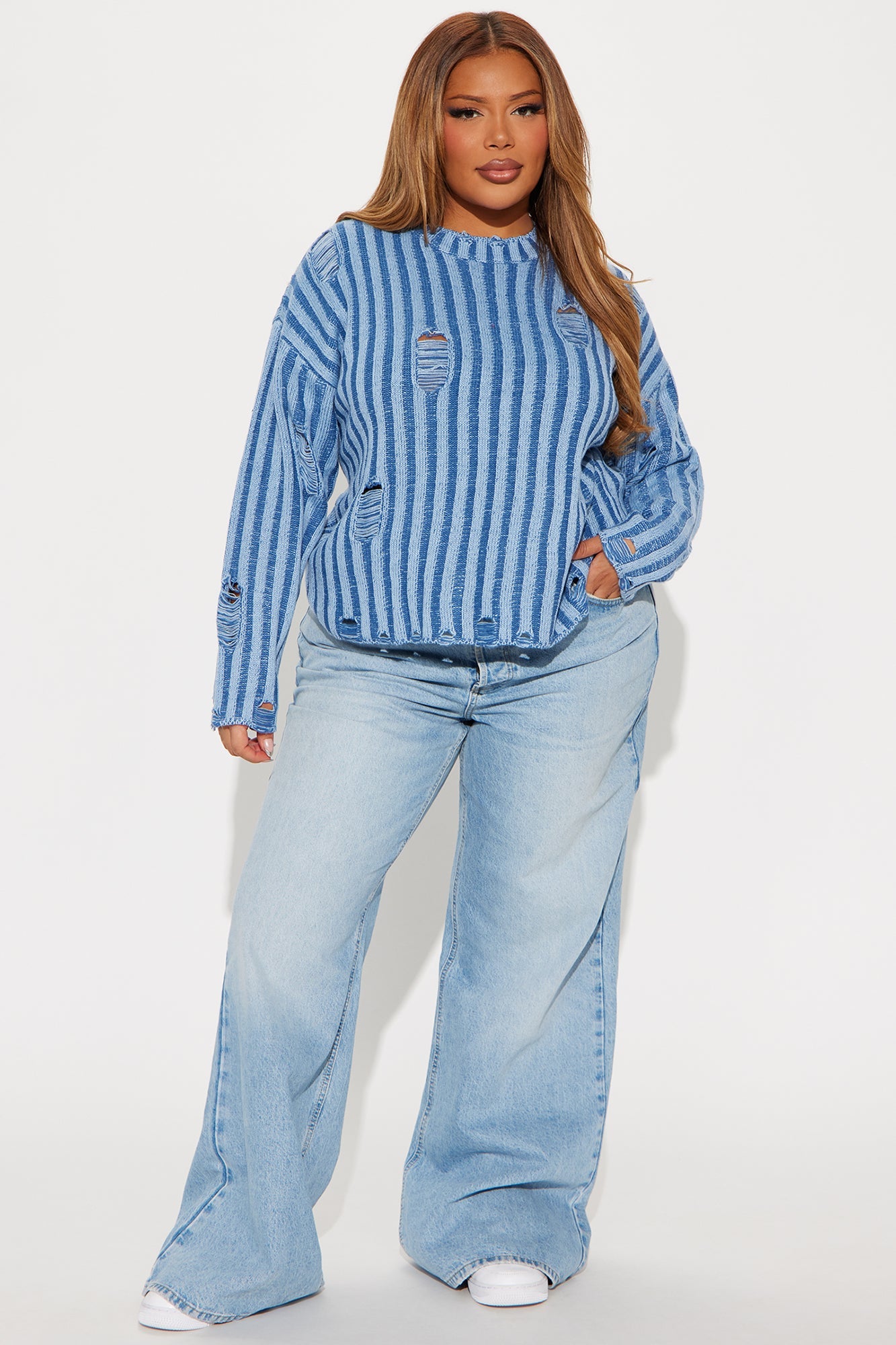 In A Mood Distressed Sweater - Blue