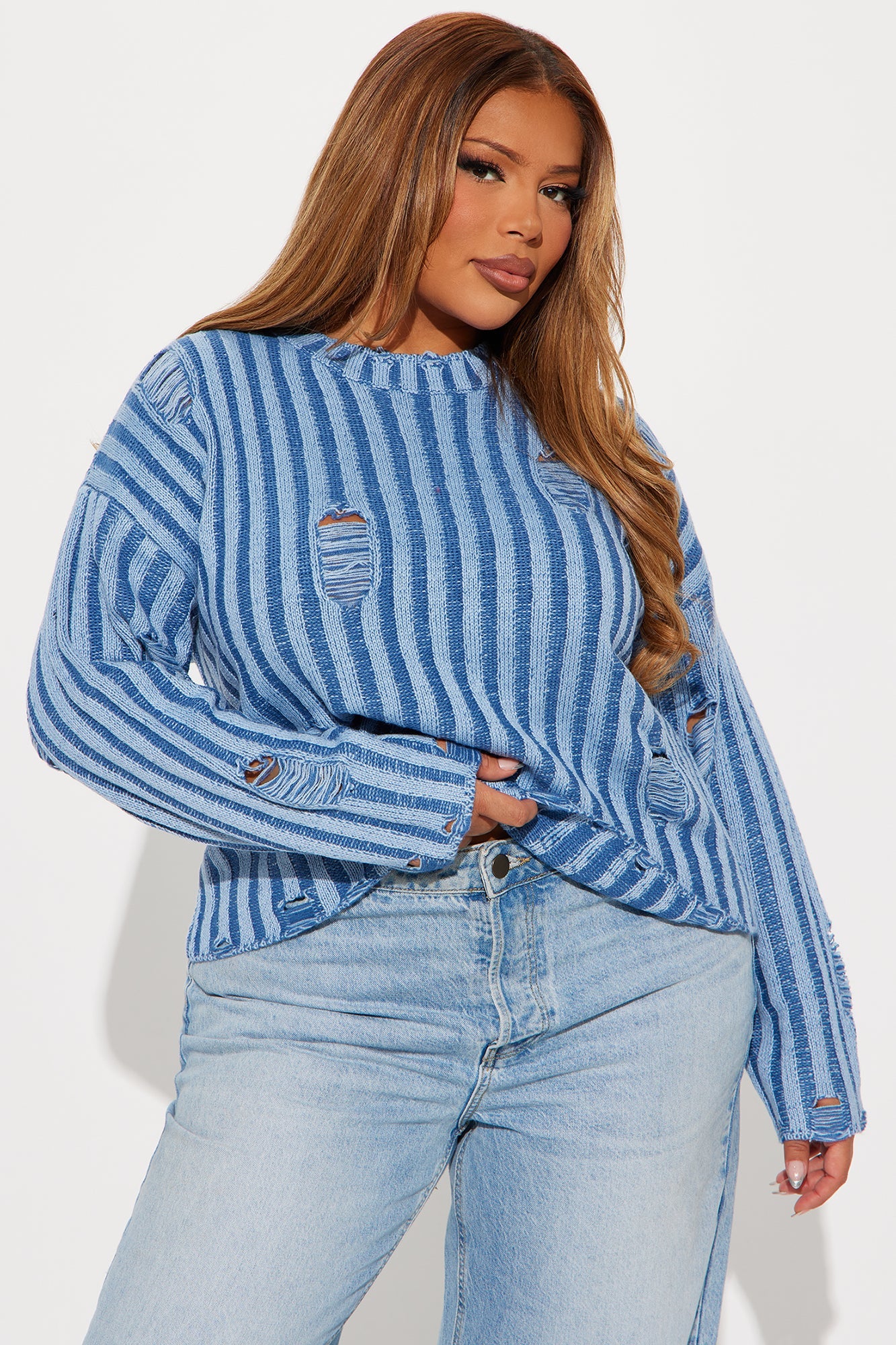 In A Mood Distressed Sweater - Blue