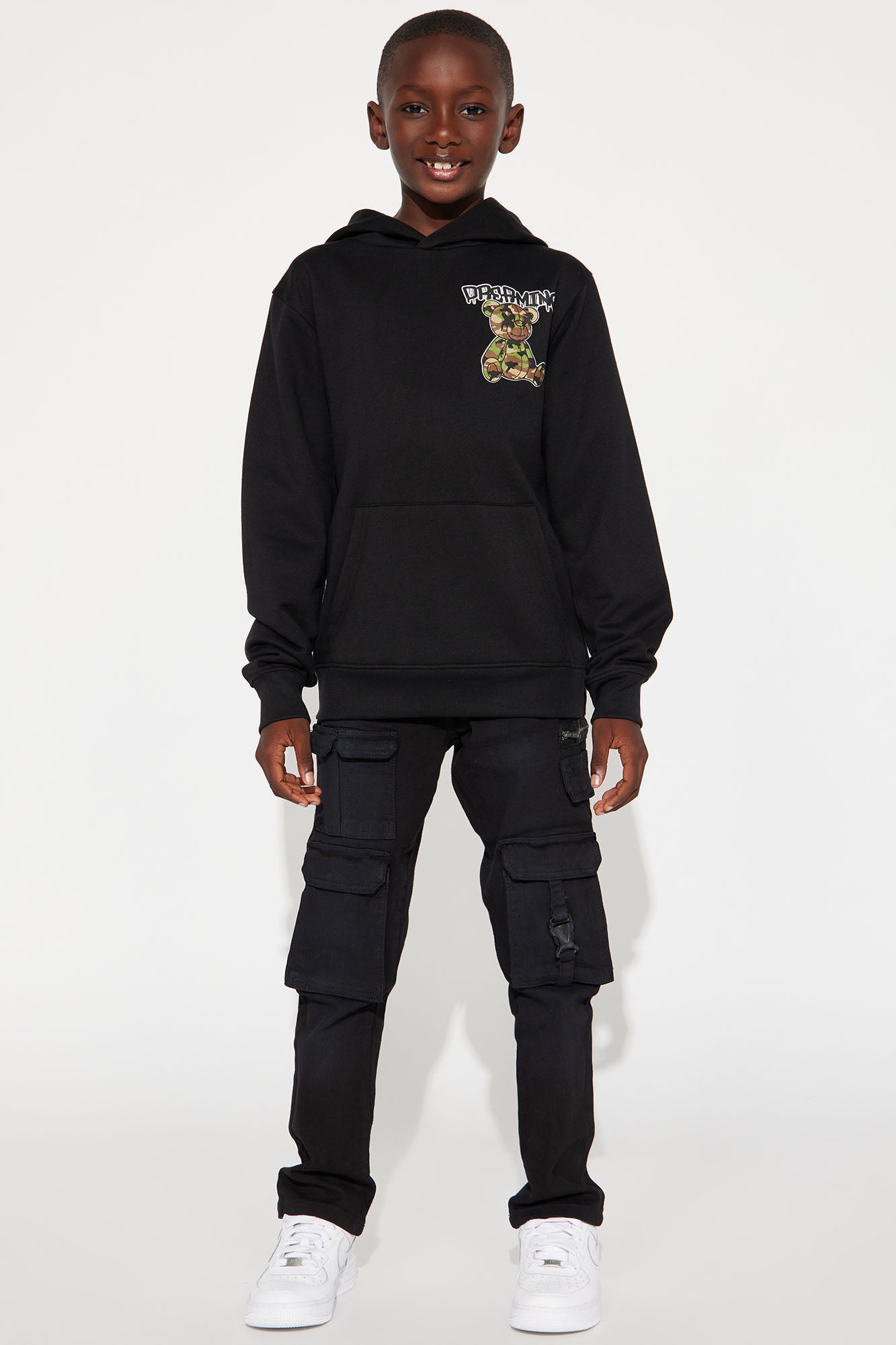 Mini Dreaming Camo Teddy Bear Fleece Pullover Hoodie - Black