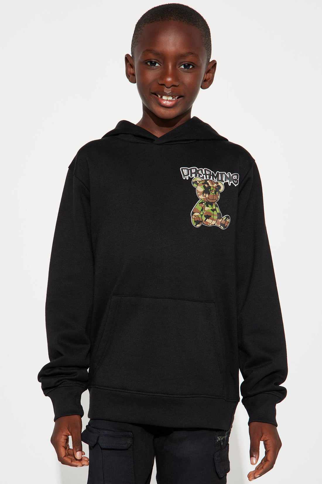Mini Dreaming Camo Teddy Bear Fleece Pullover Hoodie - Black