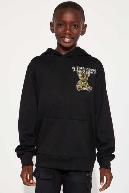 Mini Dreaming Camo Teddy Bear Fleece Pullover Hoodie - Black