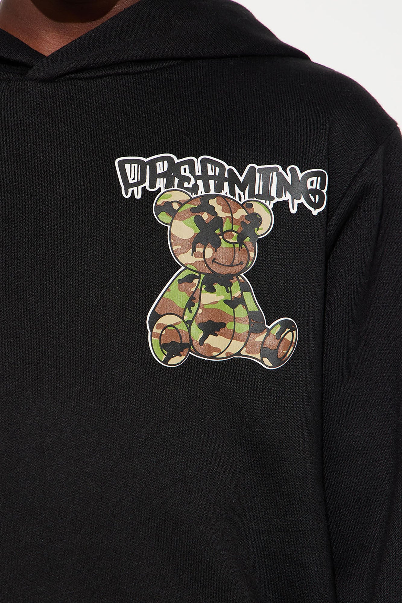 Mini Dreaming Camo Teddy Bear Fleece Pullover Hoodie - Black