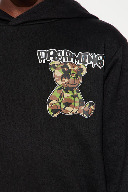 Mini Dreaming Camo Teddy Bear Fleece Pullover Hoodie - Black