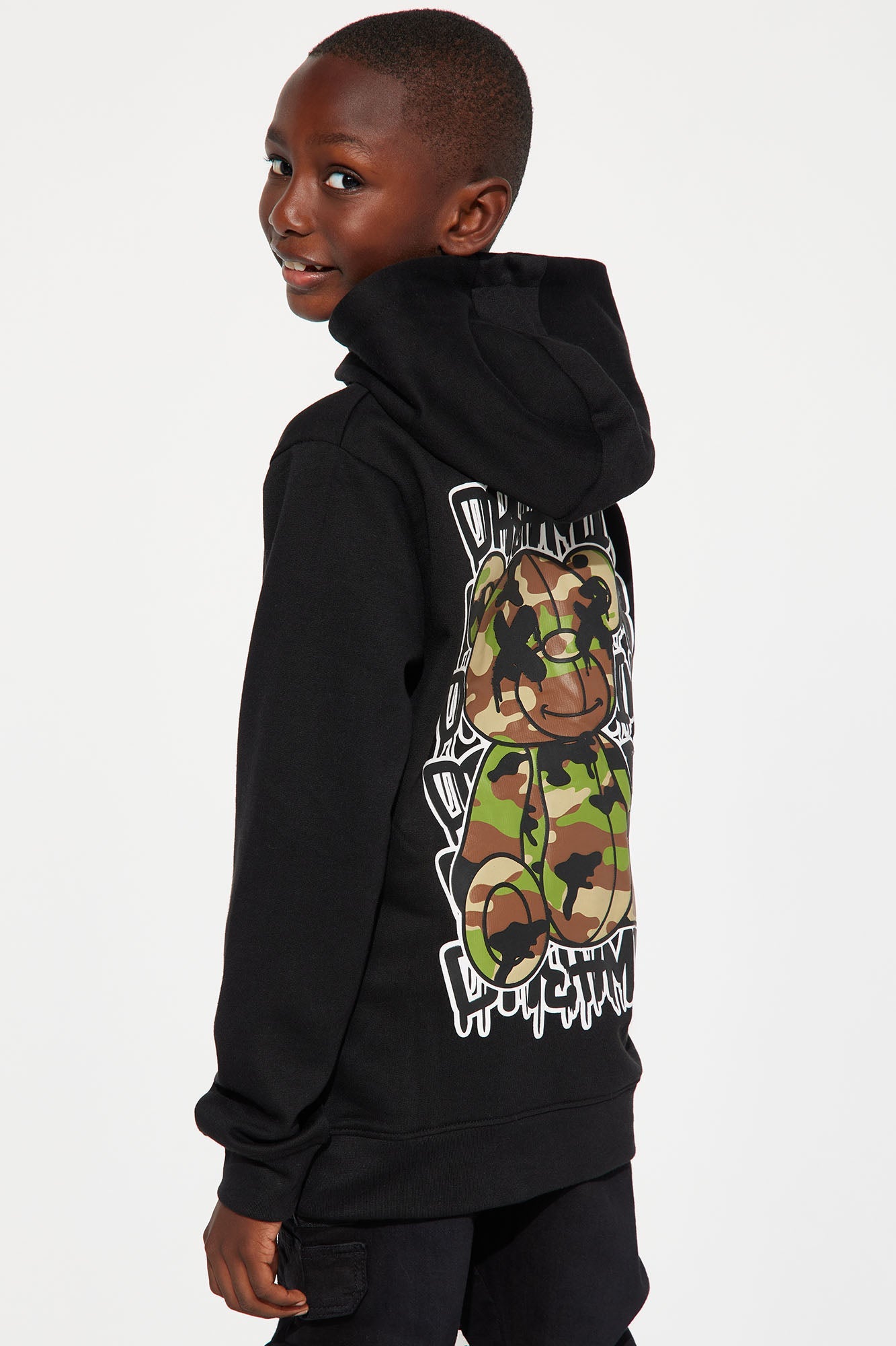 Mini Dreaming Camo Teddy Bear Fleece Pullover Hoodie - Black
