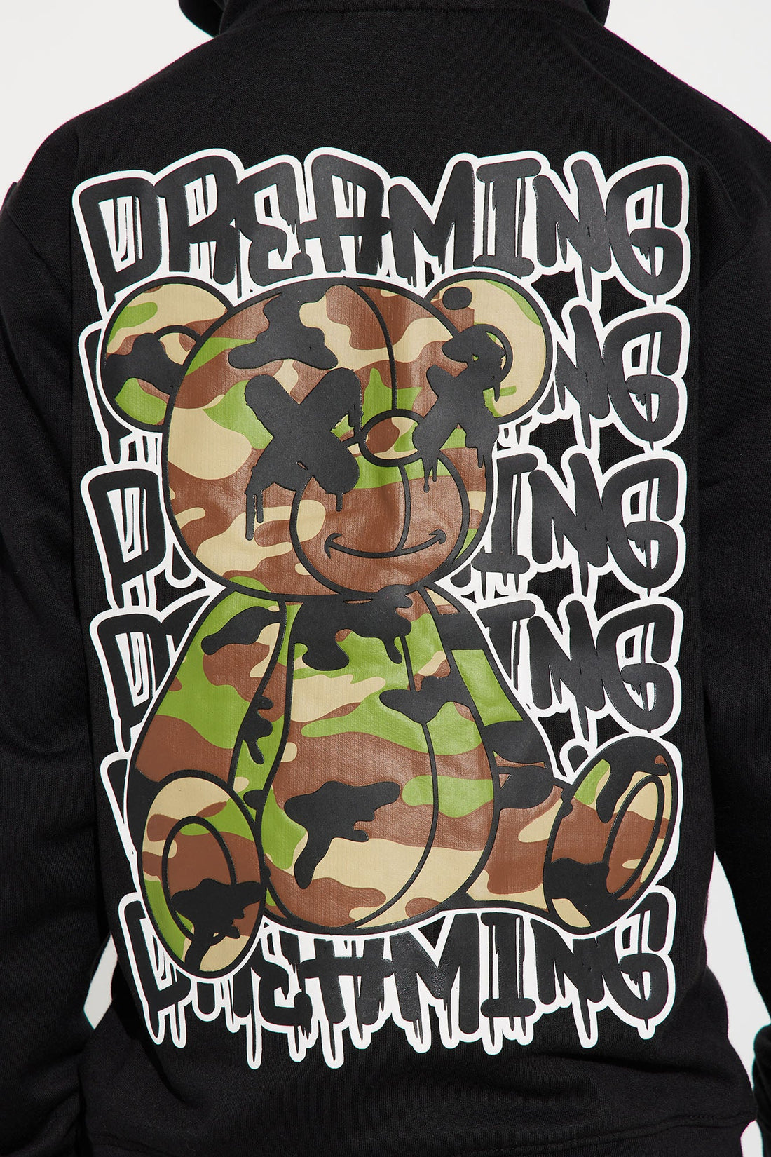 Mini Dreaming Camo Teddy Bear Fleece Pullover Hoodie - Black