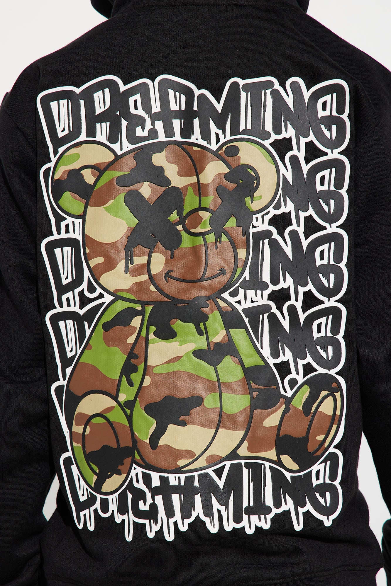 Mini Dreaming Camo Teddy Bear Fleece Pullover Hoodie - Black