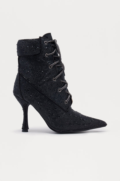 Harlan Rhinestone Lace Up Booties - Black
