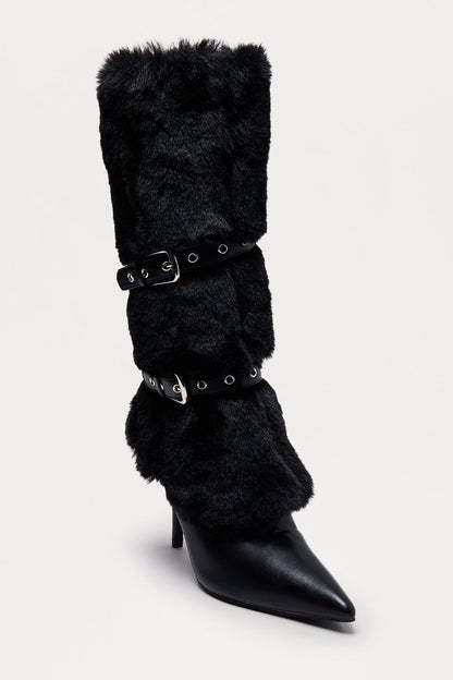 Whittier Buckle Faux Fur Boots - Black