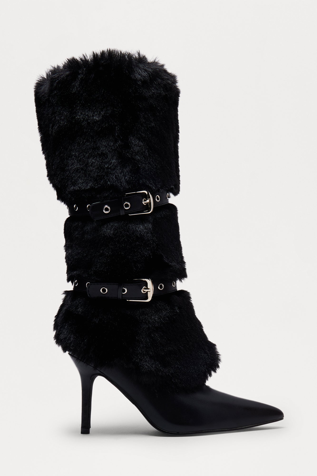 Whittier Buckle Faux Fur Boots - Black