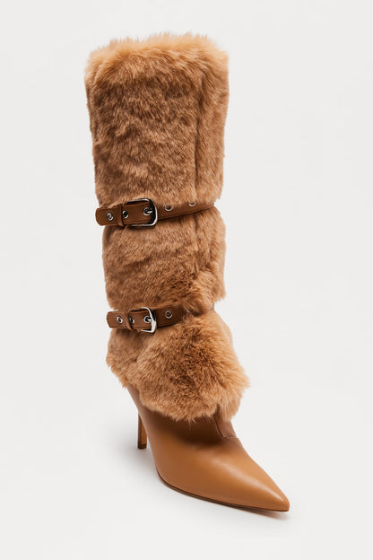 Whittier Buckle Faux Fur Boots - Taupe