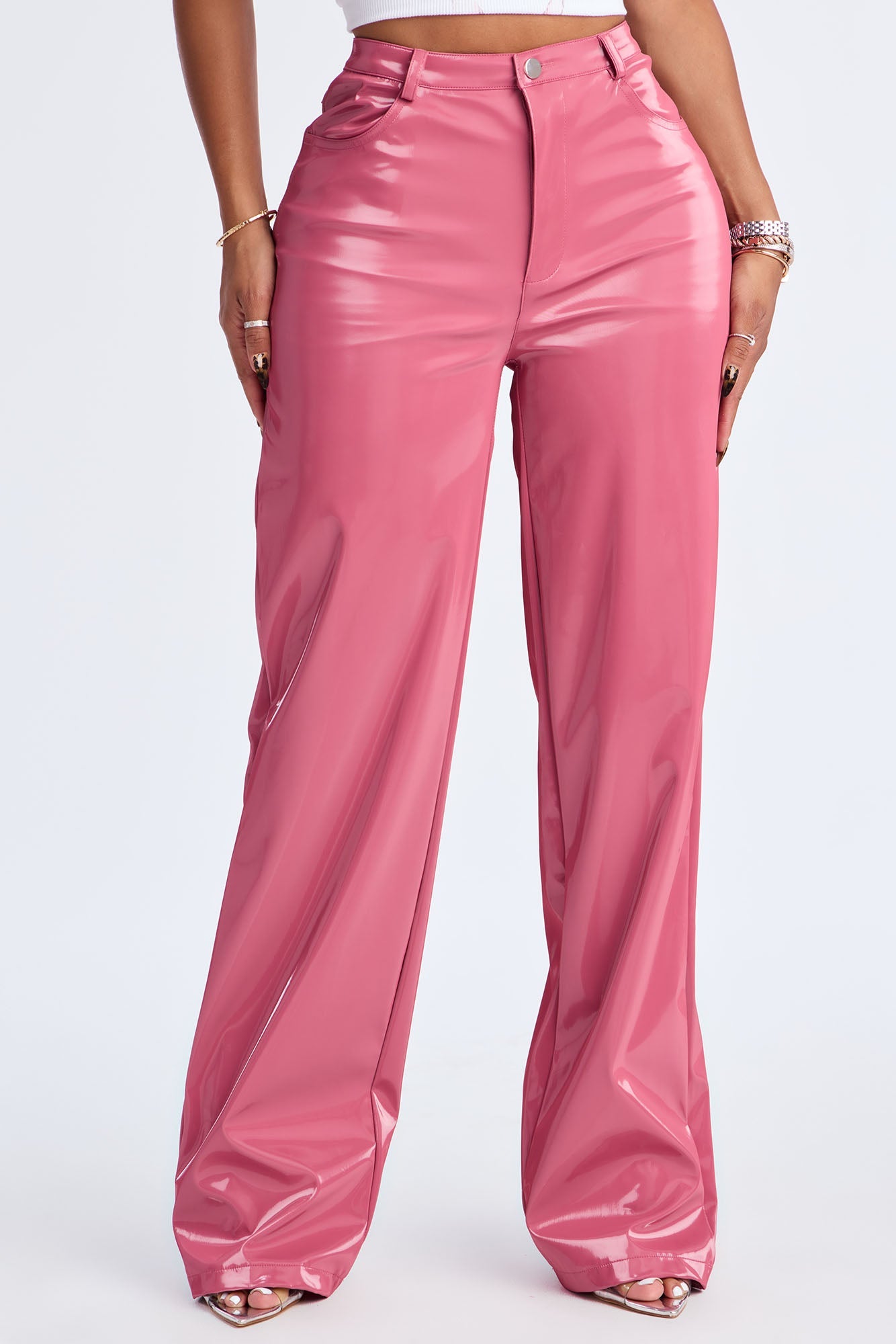 Imani Shimmer Faux Leather Wide Leg Pant 33″ - Pink