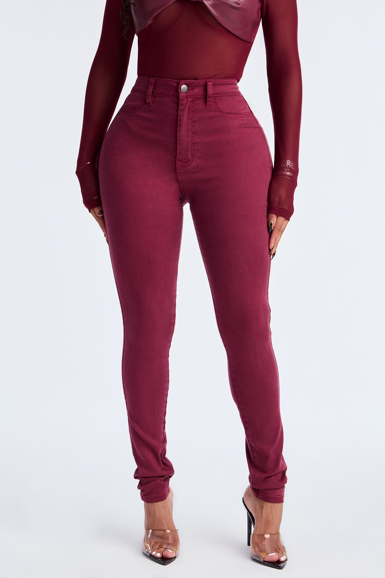 Classic High Waist Skinny Jeans - Burgundy