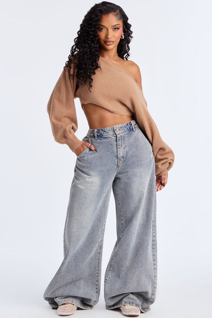 Love Away One Shoulder Sweater Top - Mocha