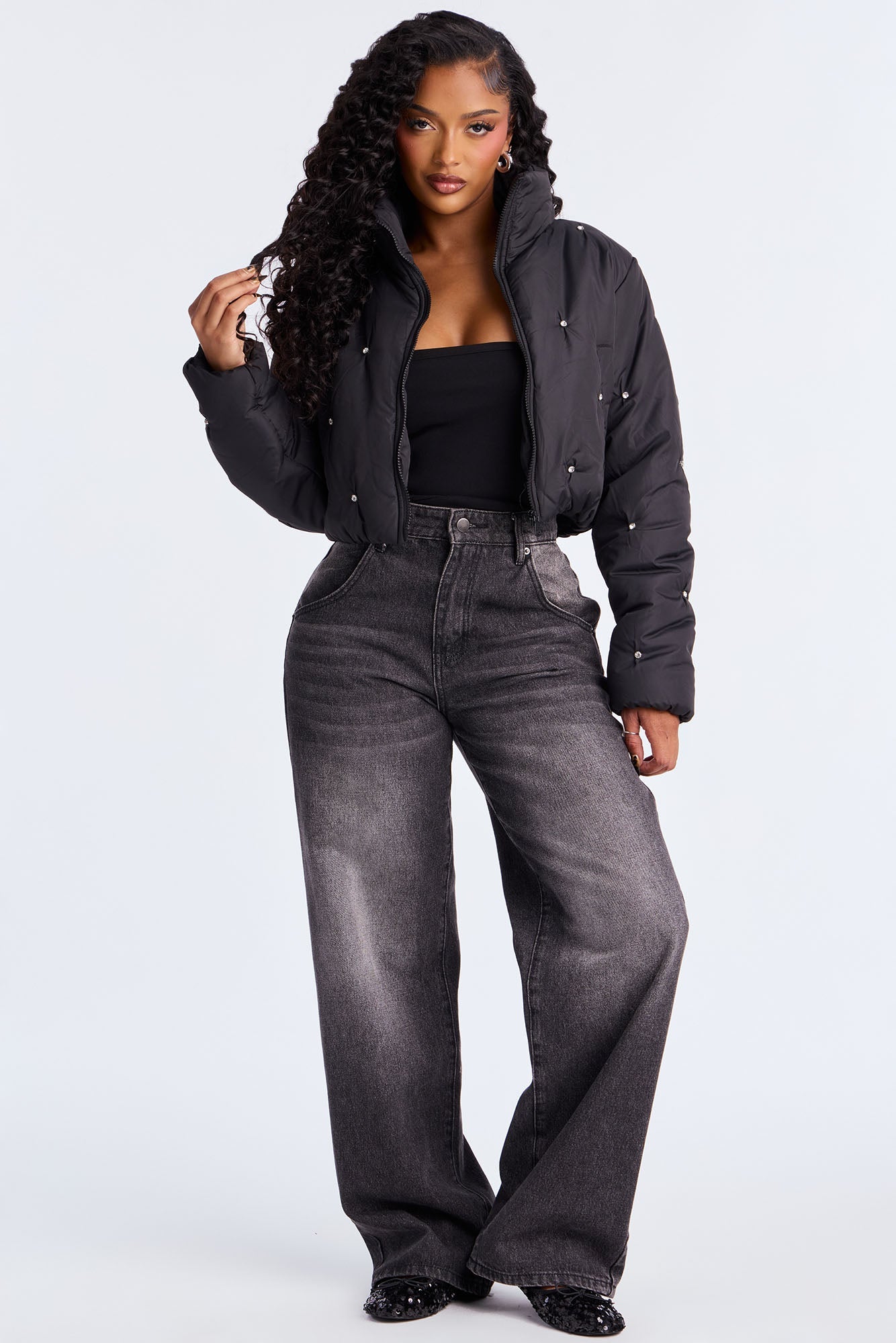 Beneath The Sky Cropped Puffer Jacket - Black