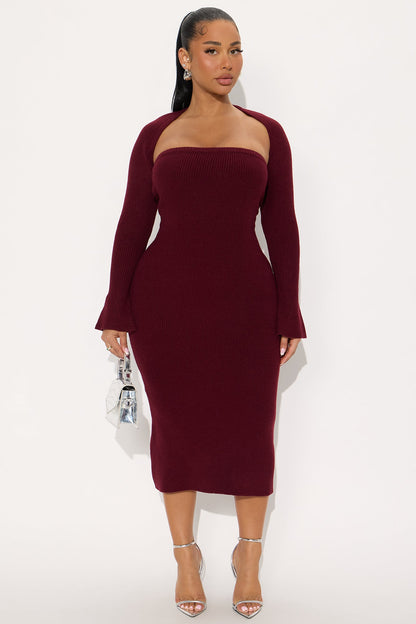 Twice As Cute Bolero Sweater Midi Dress Set - Burgundy