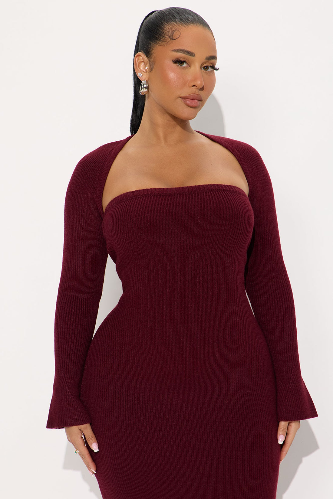 Twice As Cute Bolero Sweater Midi Dress Set - Burgundy