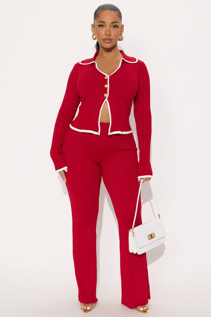Macy Sweater Knit Flare Pant Set - Red