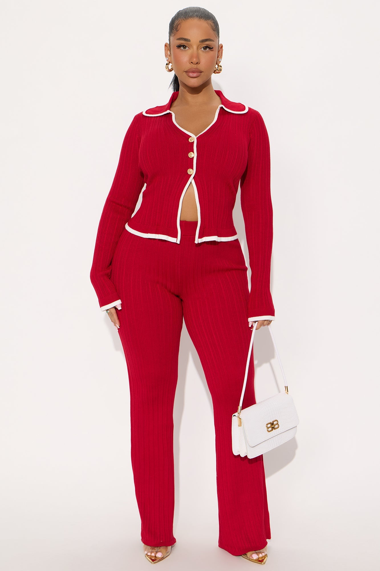 Macy Sweater Knit Flare Pant Set - Red
