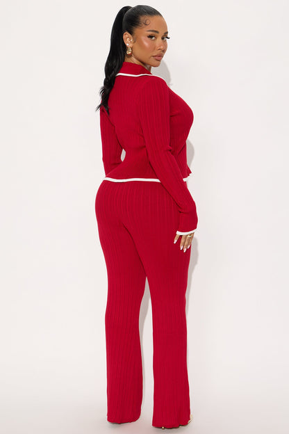 Macy Sweater Knit Flare Pant Set - Red
