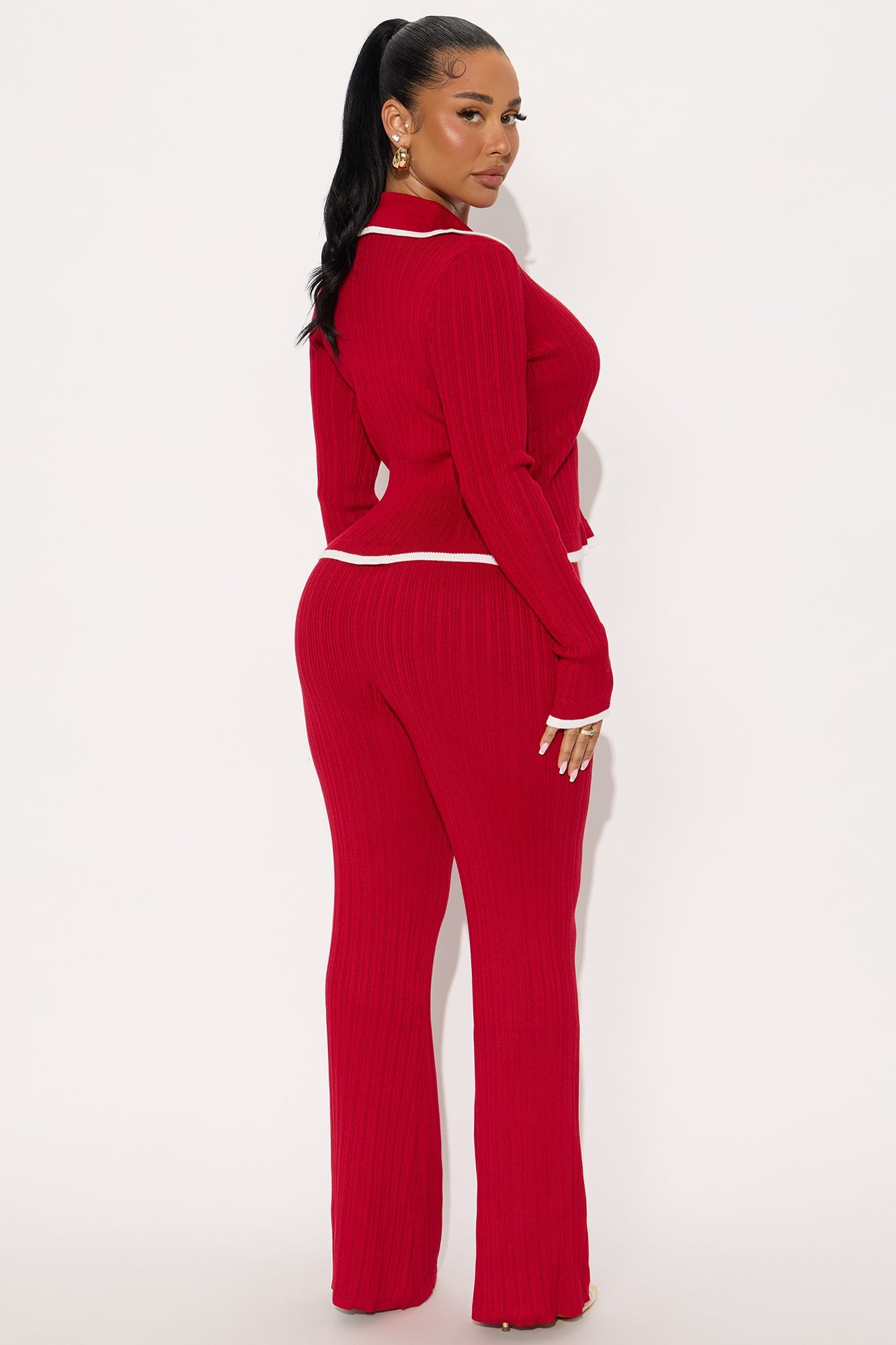 Macy Sweater Knit Flare Pant Set - Red