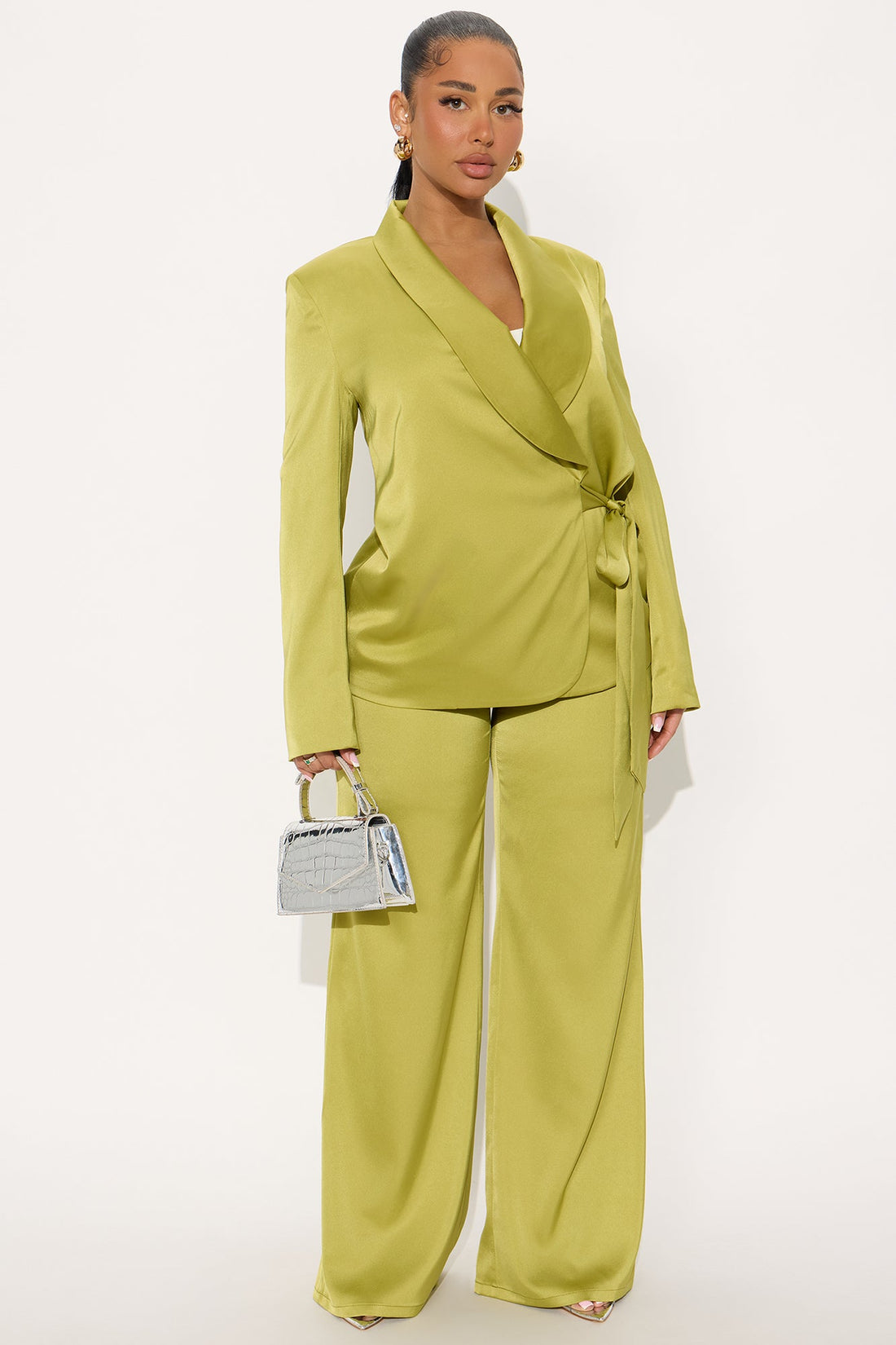 Boa Satin Blazer Pant Set - Chartreuse