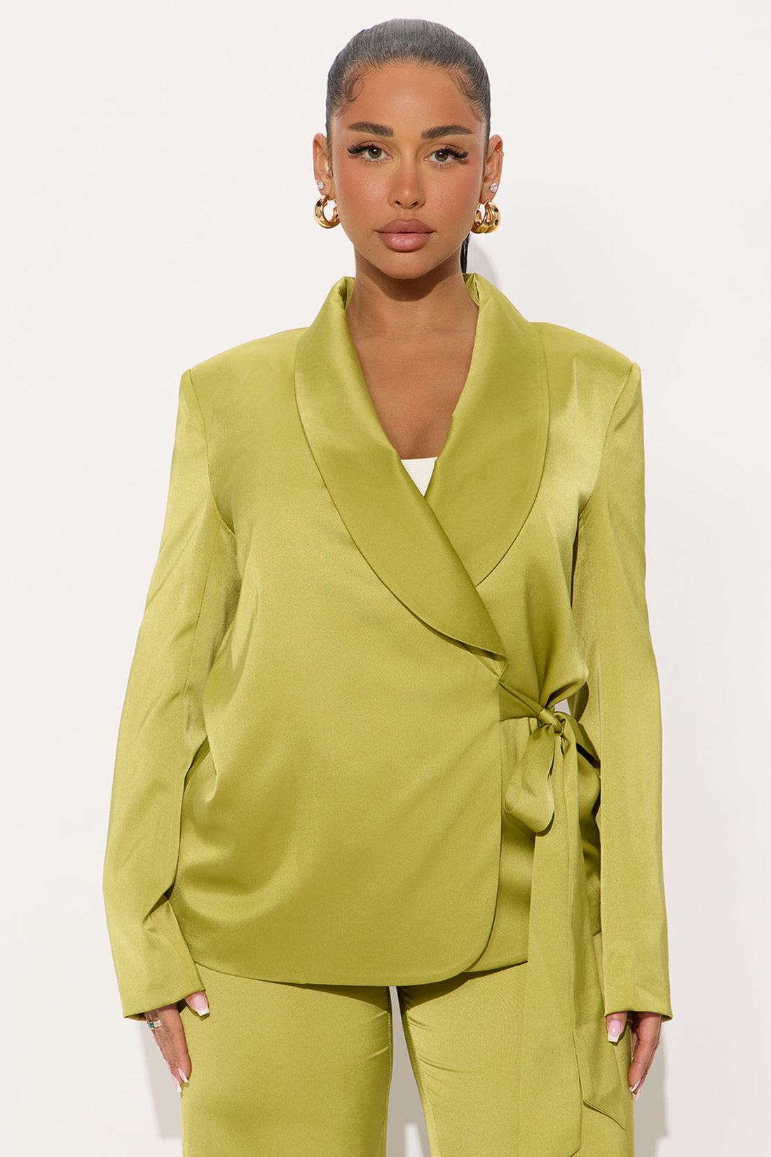Boa Satin Blazer Pant Set - Chartreuse