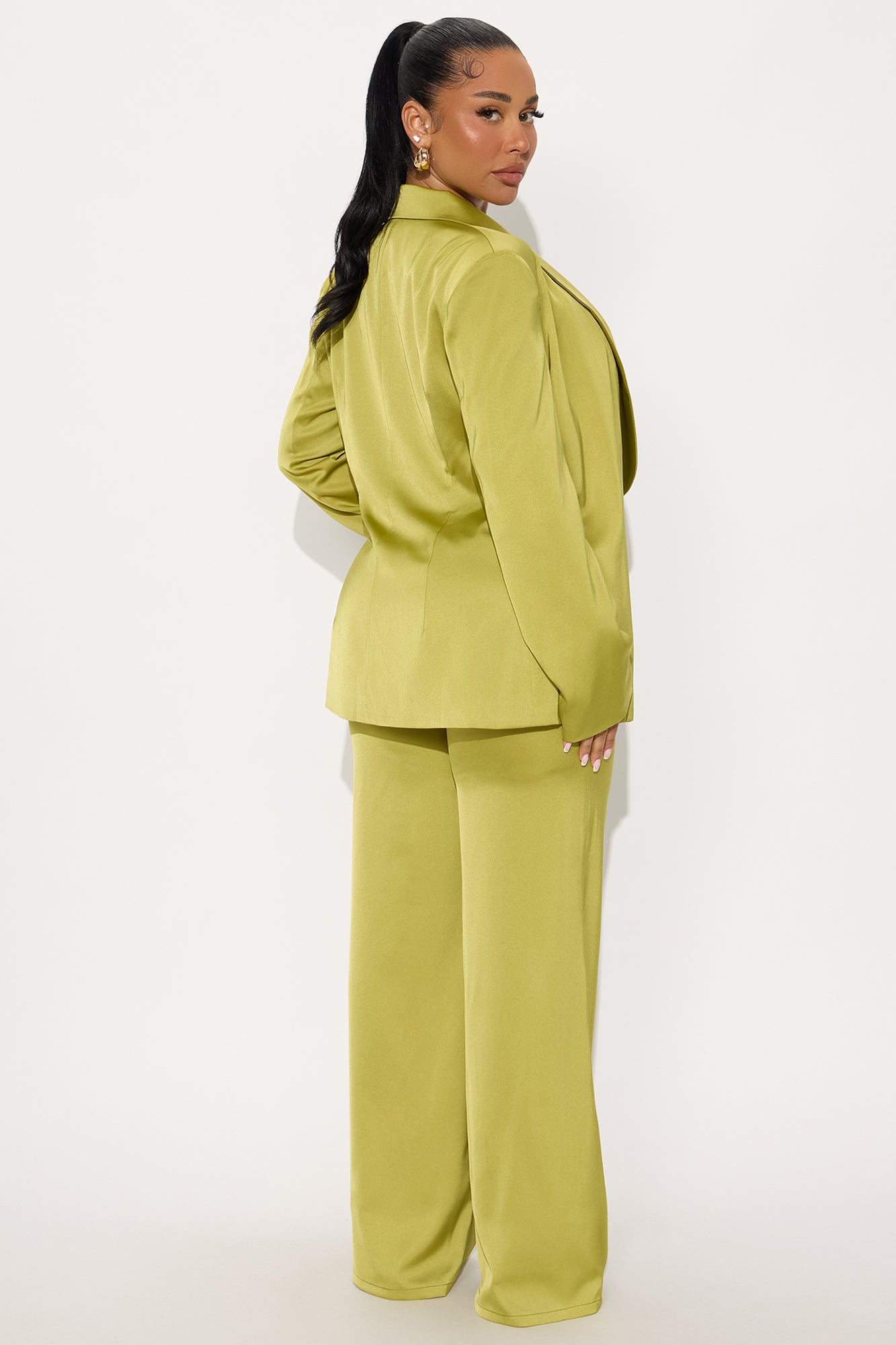 Boa Satin Blazer Pant Set - Chartreuse