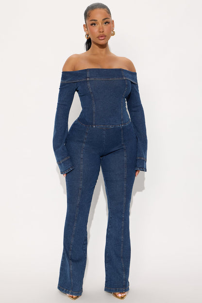 City Lights Off Shoulder Denim Flare Pant Set - Medium Wash