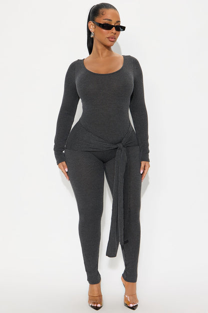 Kate Ribbed Long Sleeve Jumpsuit - Charcoal