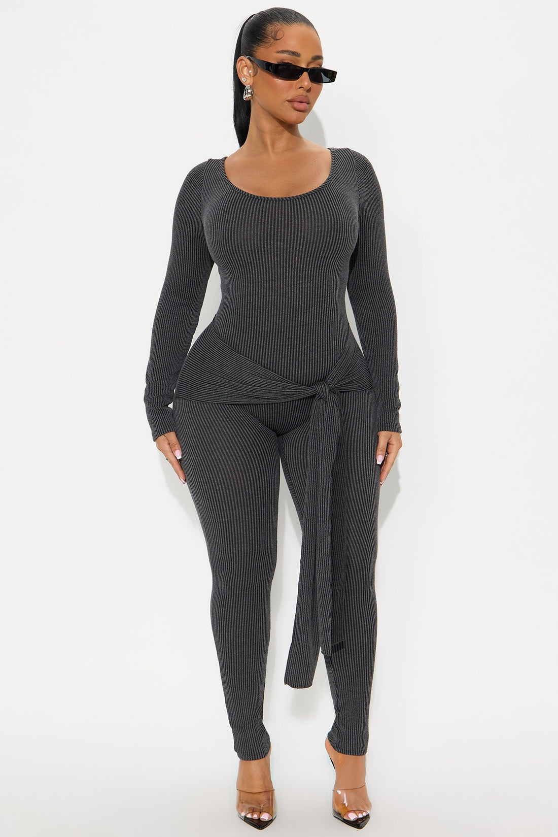 Kate Ribbed Long Sleeve Jumpsuit - Charcoal
