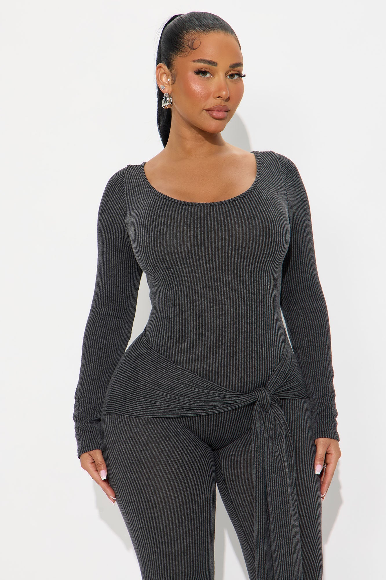 Kate Ribbed Long Sleeve Jumpsuit - Charcoal