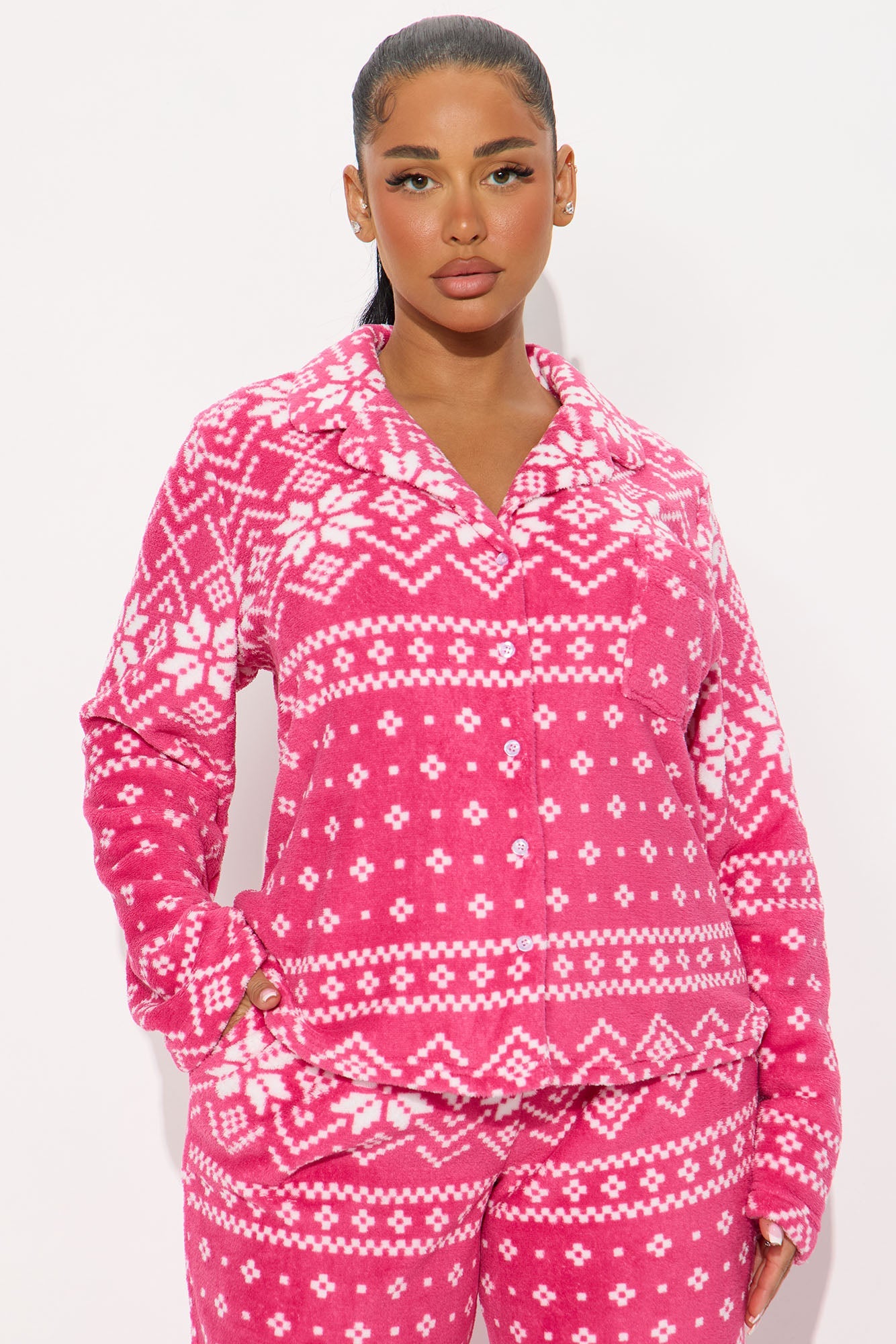 Winter Cutie Plush Long Sleeve PJ Pant Set - Pink