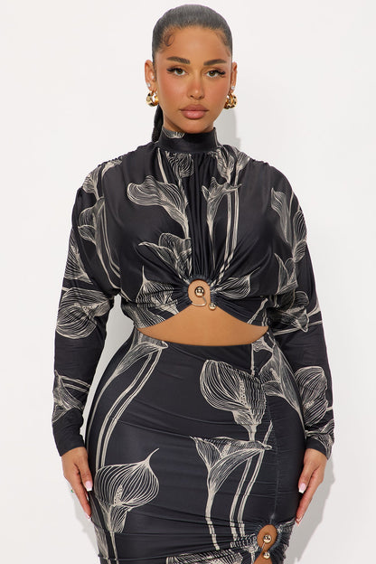 Verona Floral Long Sleeve Midi Skirt Set - Black/combo