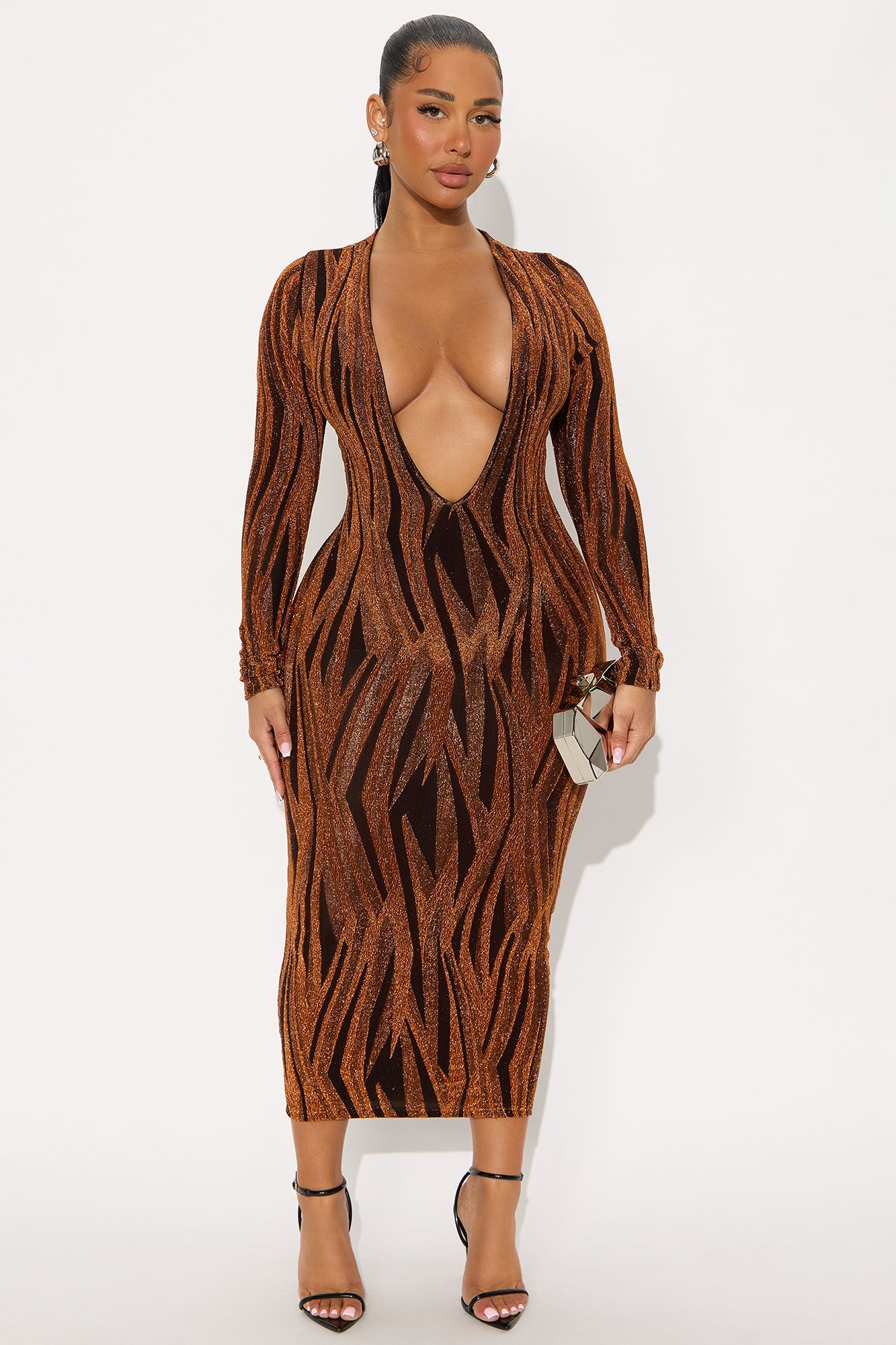 Maya Deep V-Neck Metallic Midi Dress - Copper