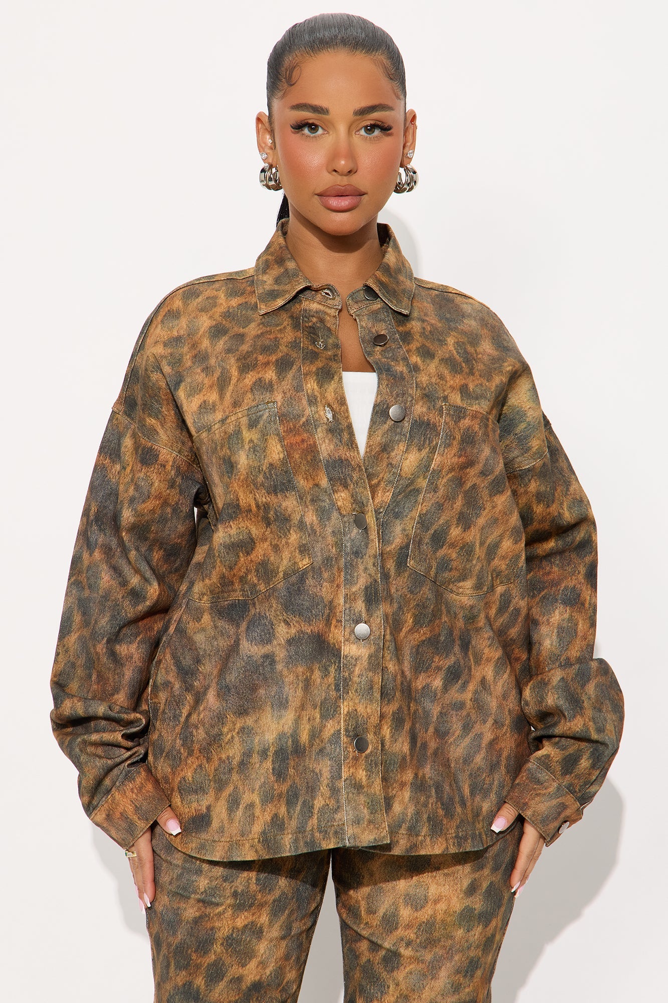 Hot Spots Leopard Shacket Pant Set - Brown/combo