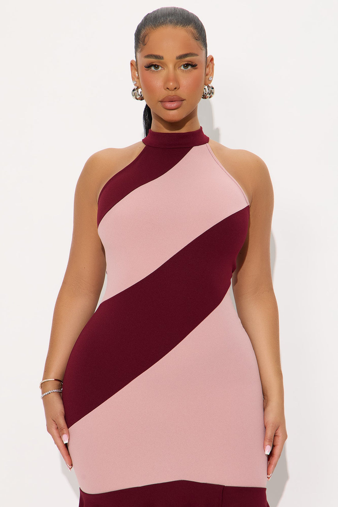Bria Peplum Striped Midi Dress - Burgundy/combo