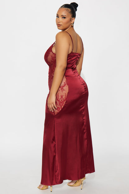 Heart Keeper Lace Satin Maxi Dress - Burgundy