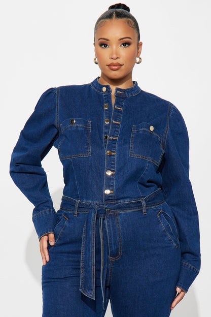 Maya Puff Sleeve Denim Jumpsuit - Dark Wash