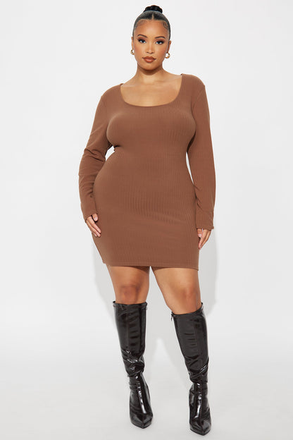 Ony Ribbed Bodycon Mini Dress - Chestnut